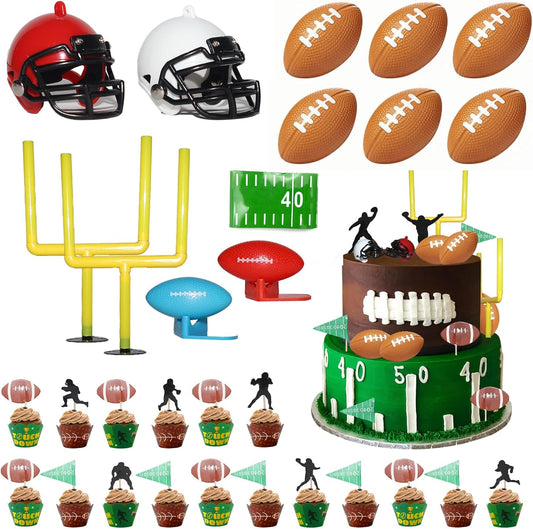 BiBo Football Cake Topper Decorations, 36 PCS Football Themed Cupcake Toppers Include Field Goal Post/Mini Helmet and Rugby Ball/Toothpicks for Football Birthday Party Supplies.
