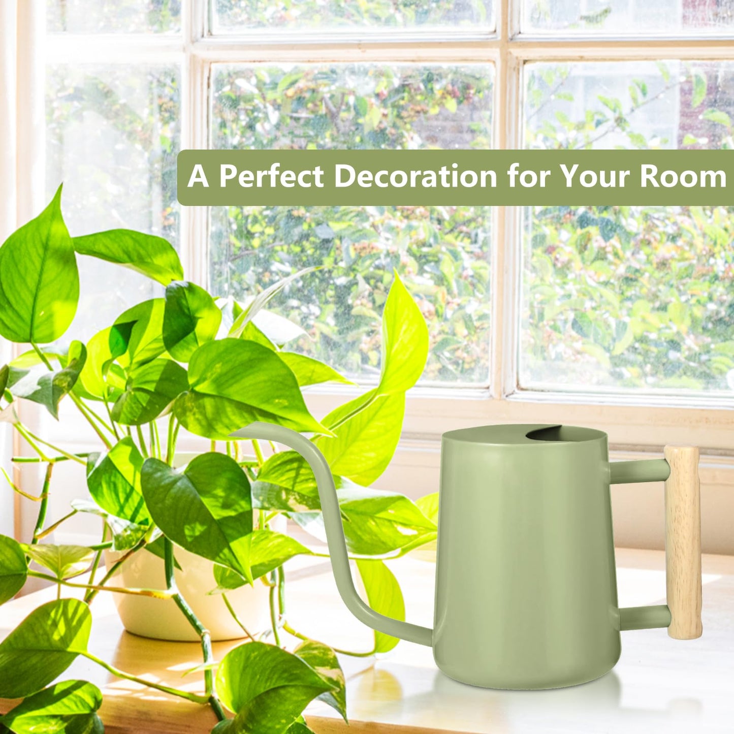 Watering Can Indoor Plants, 35oz Small Indoor Stainless Steel Metal Watering Can Modern Decorative Watering Pot with Long Spout for Indoor House Plant Bonsai Garden Flowers (Sage Green)