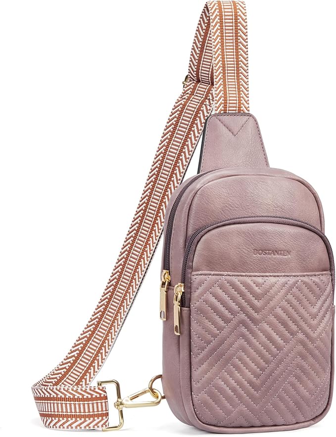 BOSTANTEN Sling Bag Quilted Crossbody Bags for Women Cross Body Purse Leather Fanny Pack with Adjustable Guitar Strap