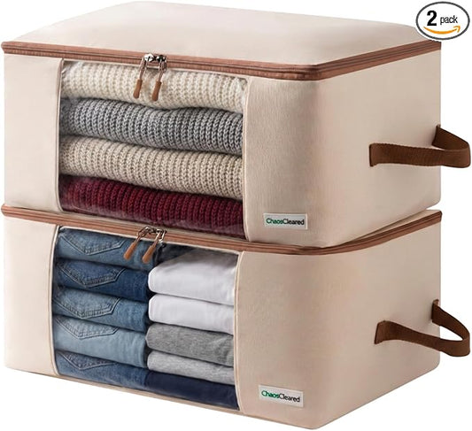 Canvas Storage Bags Designer Organizer for Clothing 2 Pack â Clothes Organizers for sweaters, clothing, garment, bedding, quilt, linens, large bag with zip & window, mothproof