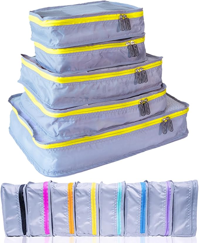 MUMI Packing Cubes - 5 Compression Packing Cubes for Travel, Luggage Organizer Bags for Suitcases, Carry-On, Duffle or Backpack â Mesh, Waterproof Bags for Clothes, Kids & Travel Accessories - Yellow