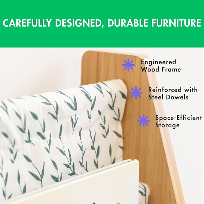 Humble Crew 4-Tier Kids Bookshelf, Natural/White/Green - Premium Book Shelf for Kids Rooms with Four Deep Pockets - Toddler Sling Book Rack with Deep Sleeves, Nursery Bookcase Organizer
