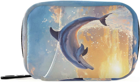 Weekly Pill Organizer Travel Pill Case for Purse Small Pill Box 7 Day Portable Vitamin Holder Cute Pill Bottle Organizer Dolphin Jumping Sunset Blue