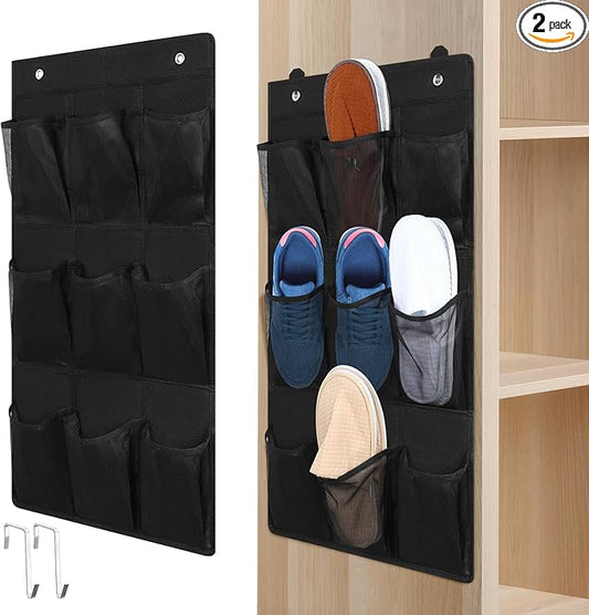 2 Pack 18 Pocket Wall Hanging Shoe Rack for Closet RV Shoe Storage with 8 Hooks over the Door Shoes Holder Organizer for Bathroom, RV, Pantry, Camping(Black)