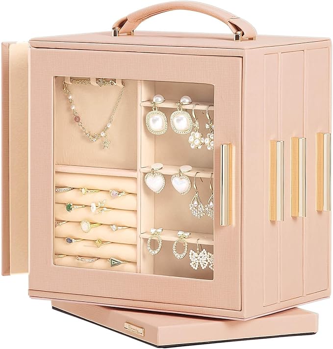 Homde Valentine's Day gifts Jewelry Box 360Â° Rotating, Necklace Earring Organizer with Transparent Window, Mirror, 7 Drawers, Large Ring Display Storage Case for Girls Women (Peach Pink)