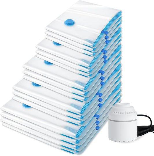 24 Pack Vacuum Storage Bags with Electric Pumpï¼Space Saver Bagsï¼5 Jumbo/5 Large/5 Medium/5 Small/4 Rollï¼,Compression for Comforters and Blankets, Sealer Clothes Storage