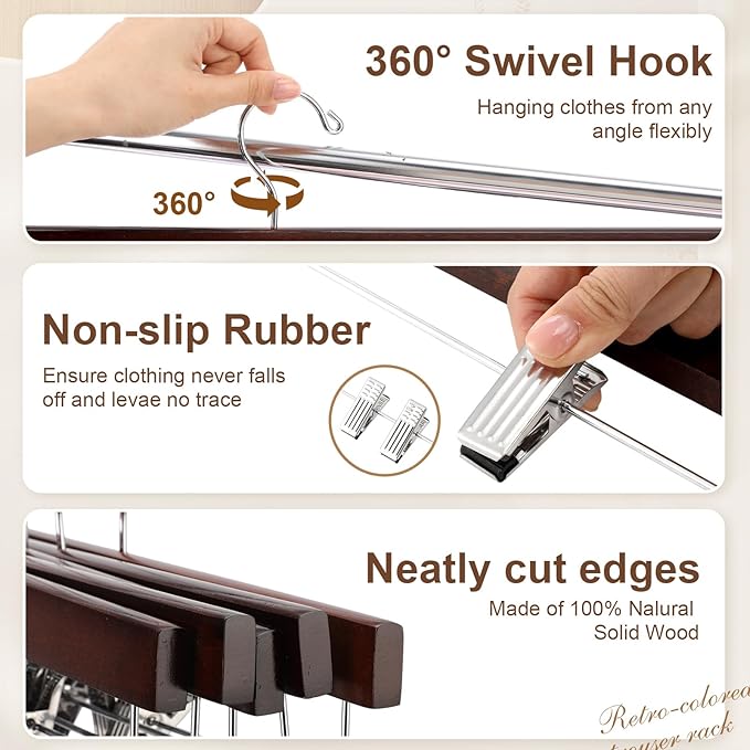 Sieral 30 Pack Wooden Pants Hangers with Clips Solid Wood Skirt Suit Coat Hangers with 2 Adjustable Clips 360 Degree Swivel Hook for Trousers Jeans Slacks Shorts Bottom, 14 Inch(Brown,Stylish)