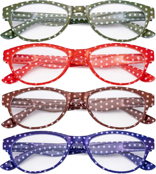 CessBlu Ladies 4 Pack Reading Glasses Polka Dots Cat-eye Design Eyeglasses for Women Reading