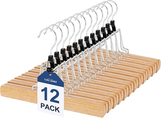 TOPIA HANGER 12 Pack Wooden Pants Hangers, Hair Extension Hangers Non Slip Skirt Hanger Wood Clamp with Velvet Padded 360Â° Swivel Hook for Jeans, Skirts, Trousers, Wigs Natural CT67N