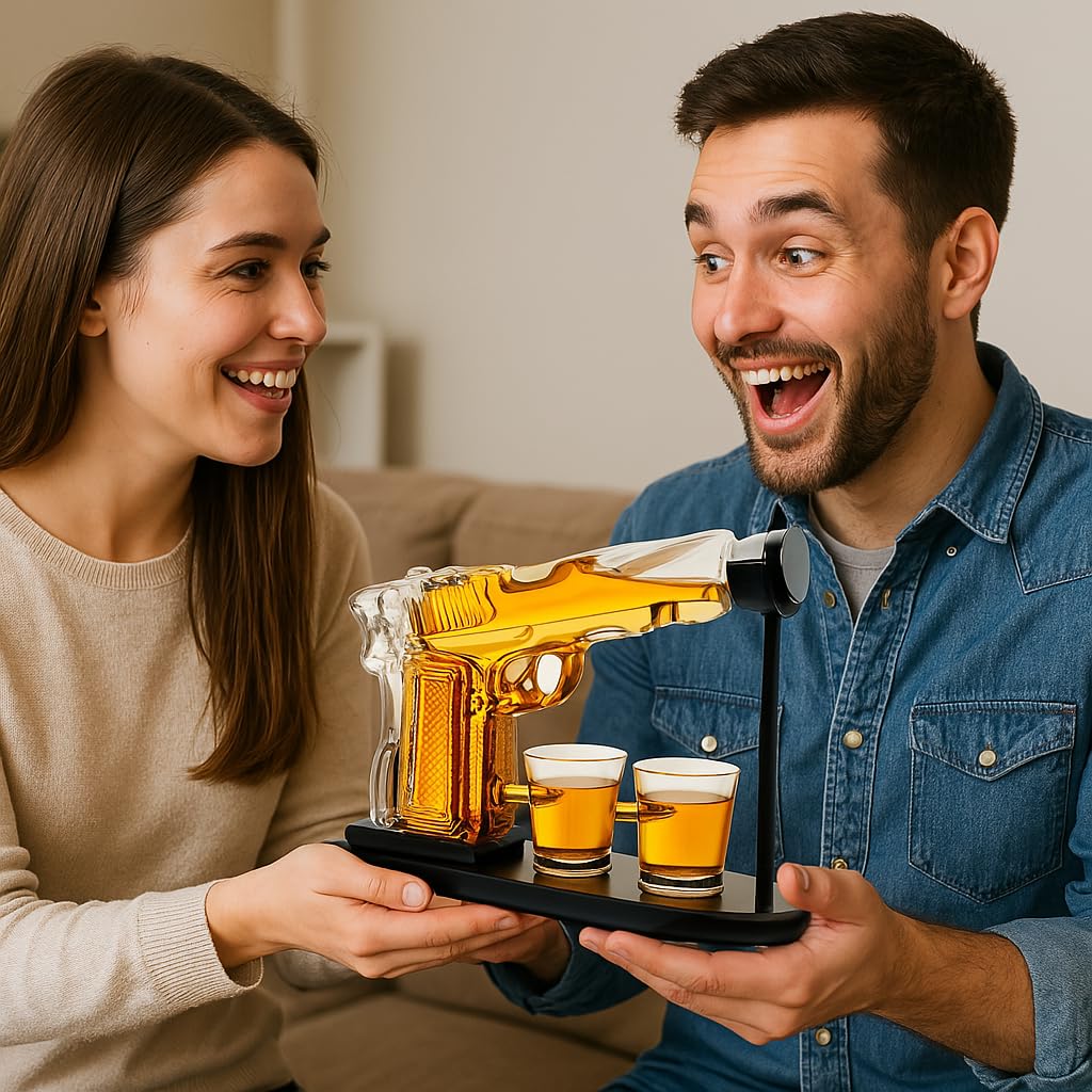 Gifts for Men Dad, 10.1 Oz Whiskey Gun Decanter Set + 2 Bullet Glasses - Unique Birthday Pistol Gift Ideas Daughter Son, Personalized Liquor Dispenser - Scotch Bourbon Vodka, Him, Brother Husband