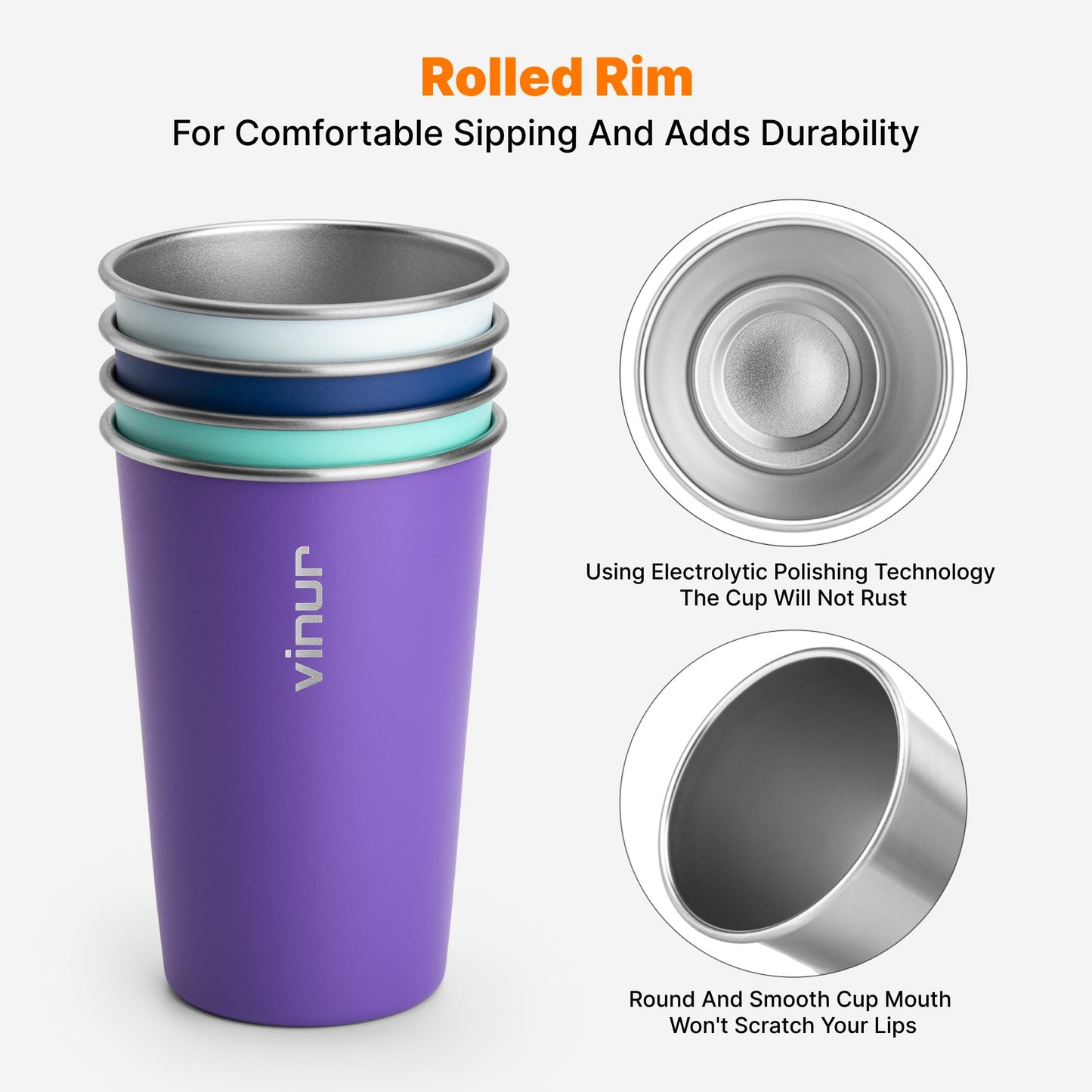 VINUR 16 oz Stainless Steel Cups 4 Pack Pint Tumbler Stackable Metal Drinking Glasses for Travel, Camping, Outdoors (Purple Pink-Sky Blue-Purple-Baby Blue)