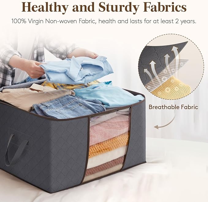Lifewit 90L Large Storage Bags, 10 Pack Closet Organizers and Storage, Clothes Storage Bins with Lids, Foldable Storage Containers with Reinforced Handles for Clothing Blanket Bedding Comforter Gray