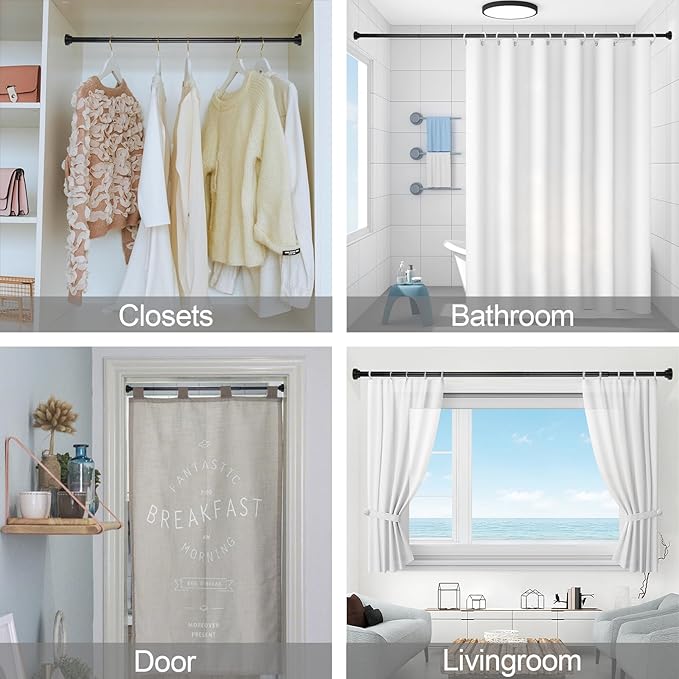 Thestoa Shower Curtain Rod Adjustable 43-92 inch, 1"Diameter Spring Tension Curtain Rod No Drill, Anti-Rust Non-Slip Shower Rod, Black Shower Curtain Rod for Bathroom Tension
