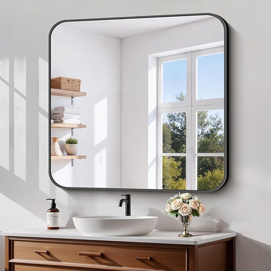 Koonmi Black Framed Bathroom Mirror - 36x36 Inch Shatterproof Tempered Glass Vanity Mirror for Bathroom Sink, Wall Mounted with Matte Aluminum Alloy Frame, No Distortion, Modern Decor