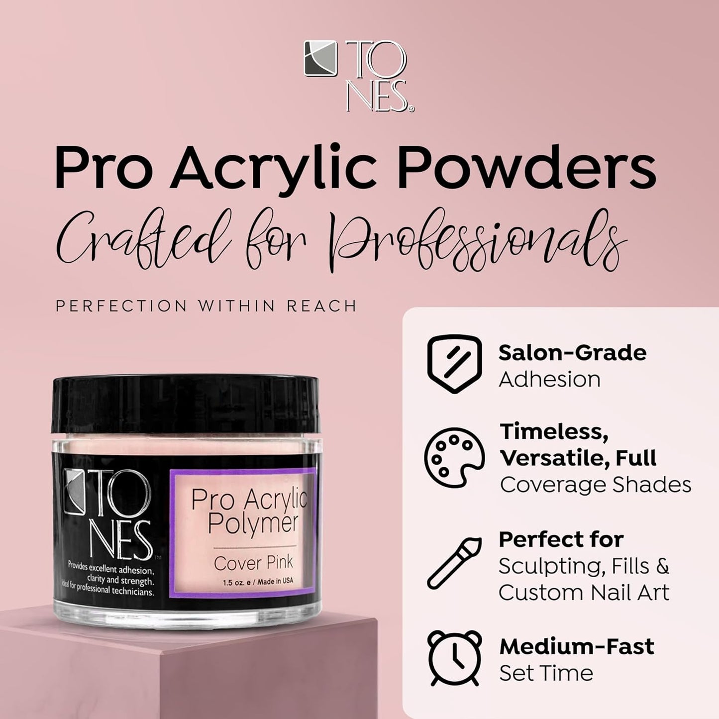 Tones Pro Acrylic Nail Powder, Cover Pink (Soft Nude Pink), (3.5 Fl Oz) - Long-Lasting & Non-Yellowing Polymer for Salon Quality Nail Extensions & 3D Art