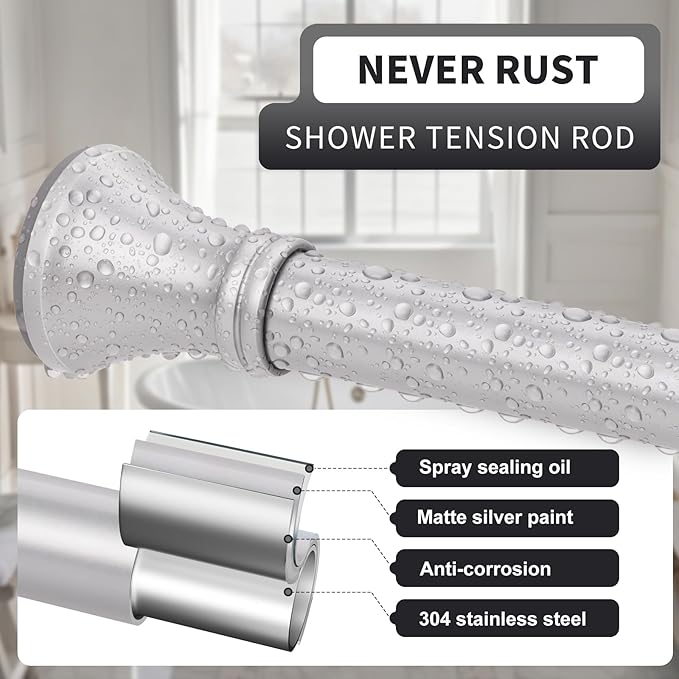 YNL Silver Shower Curtain Rod 36-84 Inch(3-7ft), No Slip No Drill Stainless Steel Spring Tension Curtain Rod, No Rust Shower Rod Adjustable For Bathroom Window Bedroom