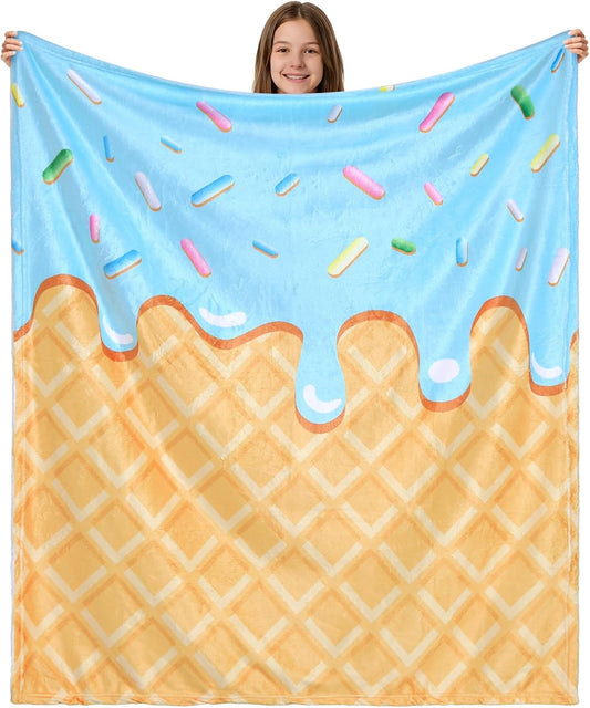 Unittype Ice Cream Drip Throw Blankets Soft Flannel Fleece Dessert Blanket Gifts for Summer Ice Cream Party Favors Couch Bed Dorm Room Supplies, 50"x60"(Blue)