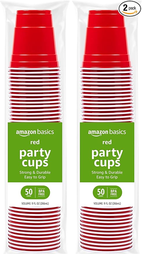 Amazon Basics Small Disposable Red Plastic Party Cups, BPA-Free, 9oz, 50 Count (Pack of 2)