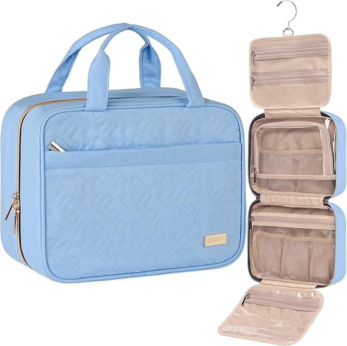 NISHEL Travel Toiletry Bag for women, Portable Hanging Organizer for Travel-Sized Shampoo, Conditioner, Brushes Set, Makeup Accessories, Medium Size, Placid-Blue