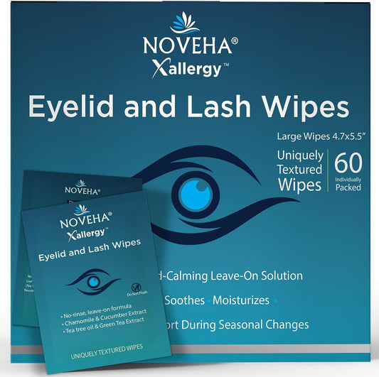 NOVEHA 60Pcs Allergy Relief Eyelid Wipes | Pre-moistened Hypoallergenic Eye Cleansing Pads, Reduce Itchiness, Redness & Discomfort Caused By Allergy, Clean, Soothe & Remove Debris (1 Pack)