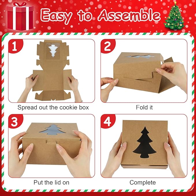 12 PCS Christmas Cookie Boxes, 6×6×3 Inches Treat Boxes Tin, Small Pastry Boxes with Window, for Gift Giving Packaging Dessert Bakery Cupcake Baked Goods (Brown)