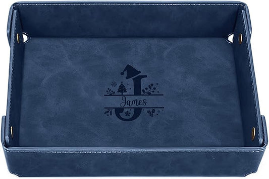 Engraved Christmas Blue Leather Valet Tray â Personalized Rectangle Catchall Organizer for Wallet, Keys, and Jewelry â Gift for Men, Dad, Couples â Dresser Top or Coffee Table Tray Decor
