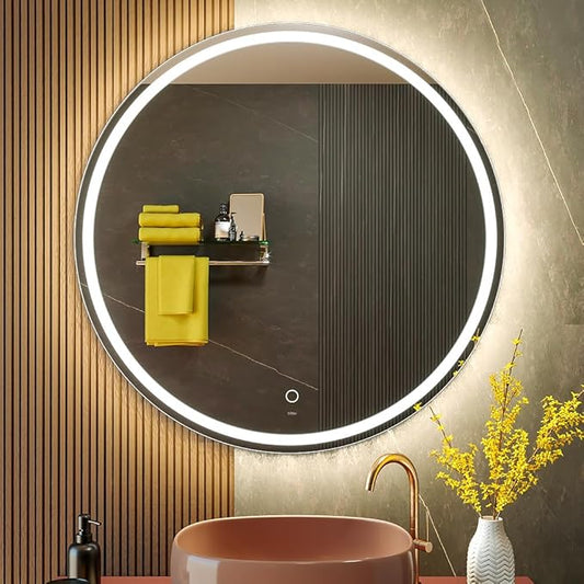 KWW Round Mirror Bathroom LED Lighted Mirror, Illuminated Dimmable Anti-Fog Wall-Mounted Makeup Vanity Mirror with Lights (36 inches)