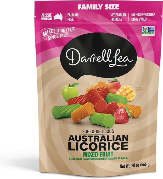 Darrell Lea Family Size Soft Australian Licorice, Non-GMO, No Palm Oil, Vegetarian Friendly, No High Fructose Corn Syrup, Soft & Chewy Licorice Candy, Made in Australia (Mixed Fruit, 20 Ounce)