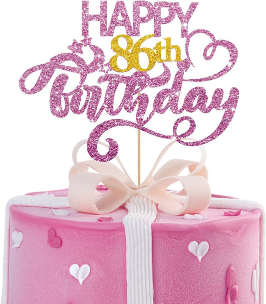 Pink Glitter Happy 86th Birthday Cake Topper, Eighty Six Years Old Birthday Party Cake Decor, Gold Number 86 Birthday Party Supplies Decorations for Man or Woman