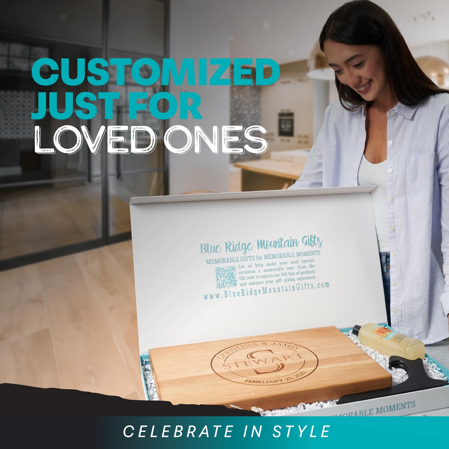 Blue Ridge Mountain Gifts - Personalized Wood Cutting Board with Gift Box, Stand, and Oil Included Laser Engraved Anniversary or Wedding Gift for Her Birthday Mom Dad Present