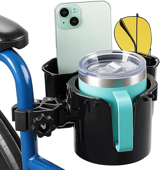 JOYTUTUS Wheelchair Cup Holder 2 Pack, 2-in-1 Walker Cup Holder with 6.4'' Storage Box, Drink Holder for Bottle with Handle, Fit for Wheelchair, Walker, Rollator, Stroller, Camper, Golf cart (Large)