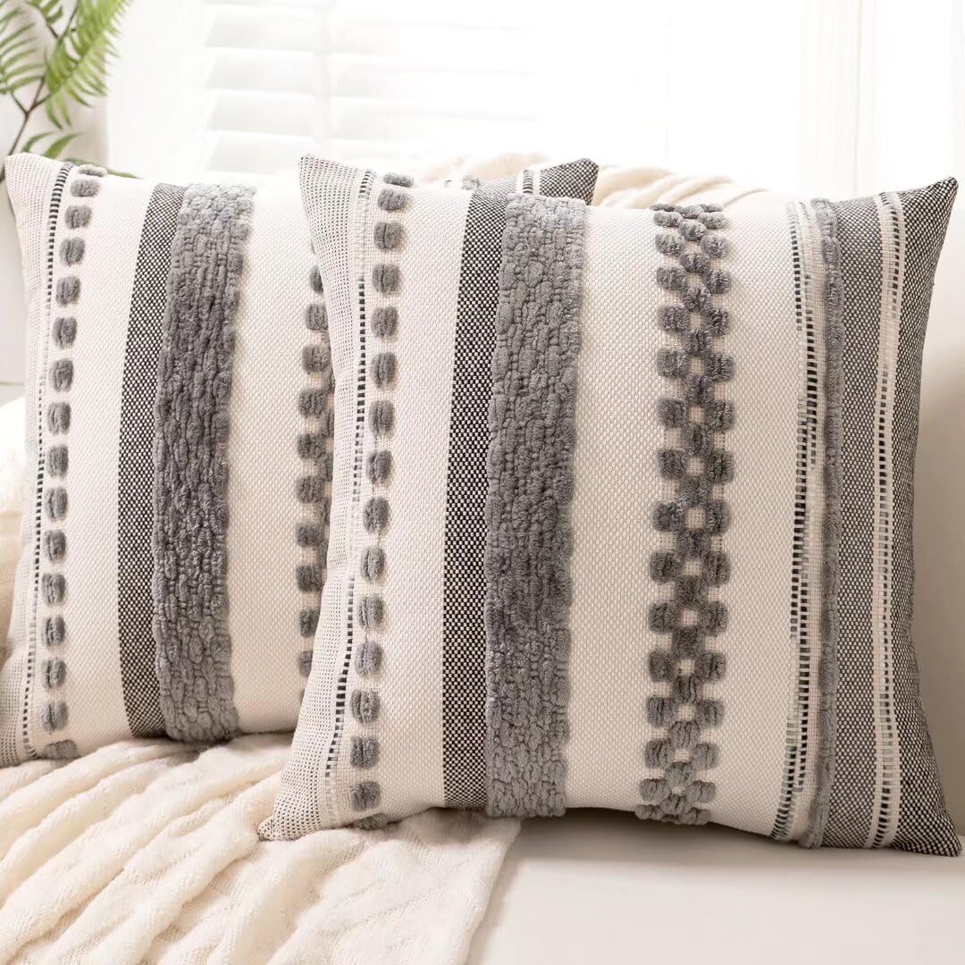 WANLIRD Boho Throw Pillow Covers 18x18 Set of 2 Farmhouse Decorative Cushion Case Striped Square Pillows Cover Chenille Pillow Cases Accent Neutral Pillowcase for Sofa Couch Bed,Gray