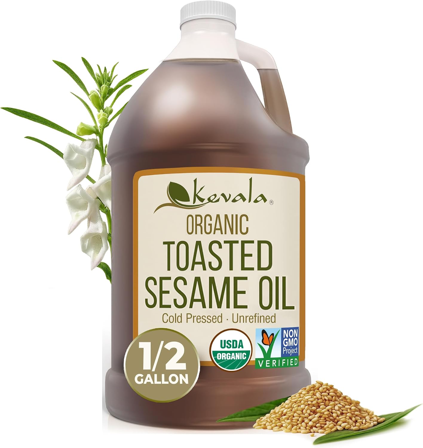 Kevala Organic Toasted Sesame Oil | Pure Toasted Sesame Seed Oil for Cooking, Marinades, and Dressings | USDA Organic, Kosher, Non-GMO Certified Vegetable Oil Alternative | 64 Fl Oz | 1-Pack