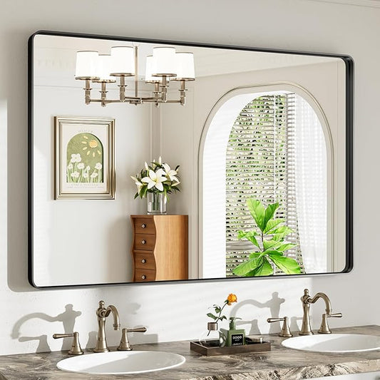 48X32 Black Bathroom Mirror for Over Sink, Metal Framed Vanity Mirror Wall Mounted, Rectangle Mirror for Bedroom Living Room Restroom Entryway, Anti-Rust, HD Tempered Glass