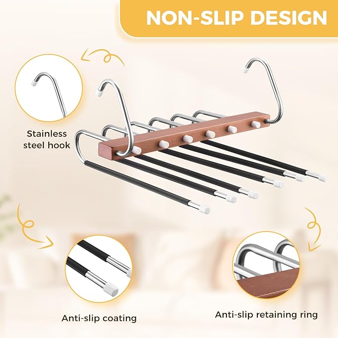 Pants Hangers Space Saving, 2 Packs Wooden Closet Organizer, Anti-Slip Design Leggings Hanger, Multi-Layer Clothing Pant Rack for Jeans, Trousers, Skirts, Scarves & Slacks