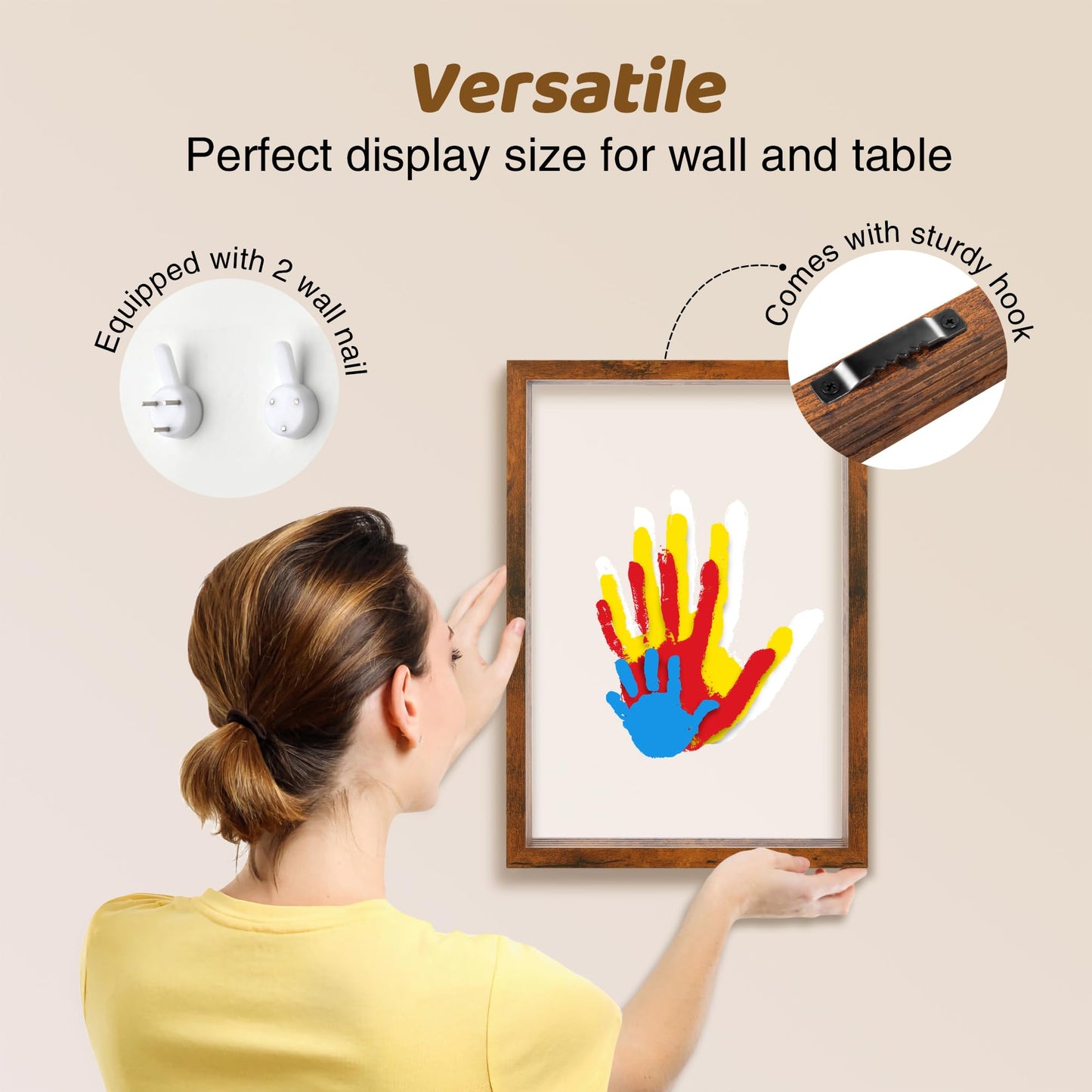 Omrhvi Family Handprint Kit, Hand Prints Keepsake Frame, DIY Craft Gift for New Parents & Mom & Baby, Grandparents, Mother's Day, Father's Day, Adoption Day, Anniversary, 6 Non -Toxic Paints (Brown)
