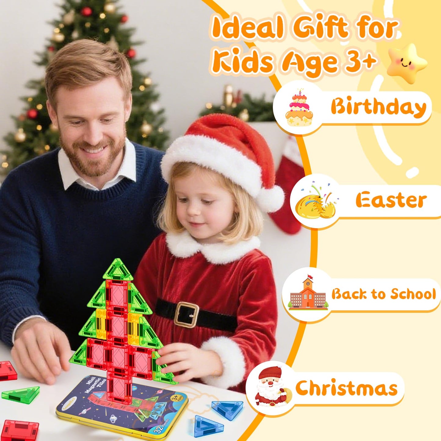 Magnetic Tiles Building Blocks Toy Set: Portable Mini Size Magnetiles Travel Set 32 Pieces with Iron Tin Construction Toys Gift for Kids Girls and Boys Ages 3-12 Years Old School Classroom Must Haves