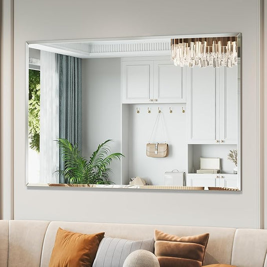 Beveled Bathroom Mirror, 48"x32" Frameless Mirror for Wall, Bathroom Vanity Mirrors for Entryway, Bedroom, Living Room Hangs Horizontally or Vertically