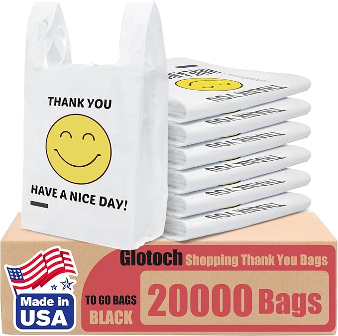 Glotoch 20000 (20K) Ct Plastic Thank You T-shirt Bags Smile Face, 11.5 x 6.5x 21" Have Nice Day Grocery Shopping Gift Bag with Handles for Restaurant, Retail, Togo, Convenience Store, in Bulk Business