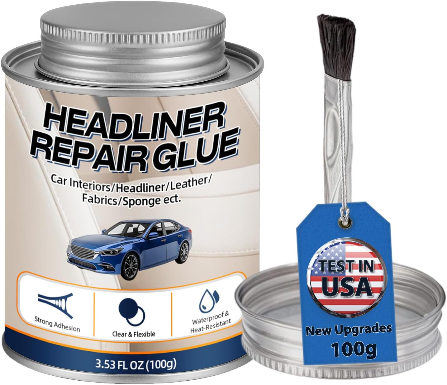 Car Headliner Glue, Upholstery Adhesive, Strong Automotive Interior Glue with Brush, Transparent Repair, Suitable for Fabric and Leather, 3.53OZ