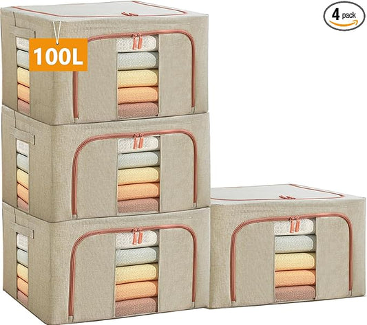 Large Storage Bags,Stackable Clothes Storage Bins with Hold Shape Metal Frame,Foldable Closet Organizer Containers with Zipper,Clear Window,Thick Fabric for Seasonal Clothing (Beige, 100L x 4 Pack)