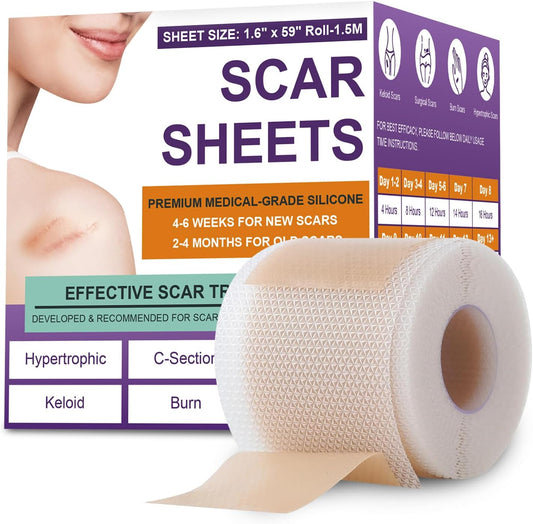 Silicone Scar Sheets, Medical Grade Silicone Scar Tape for Surgical, Hypertrophic, Keloid, C-Section, Burn, Old & New Scars, Reusable Professional Scars Removal Sheets (1.6"X 59" Roll-1.5M)