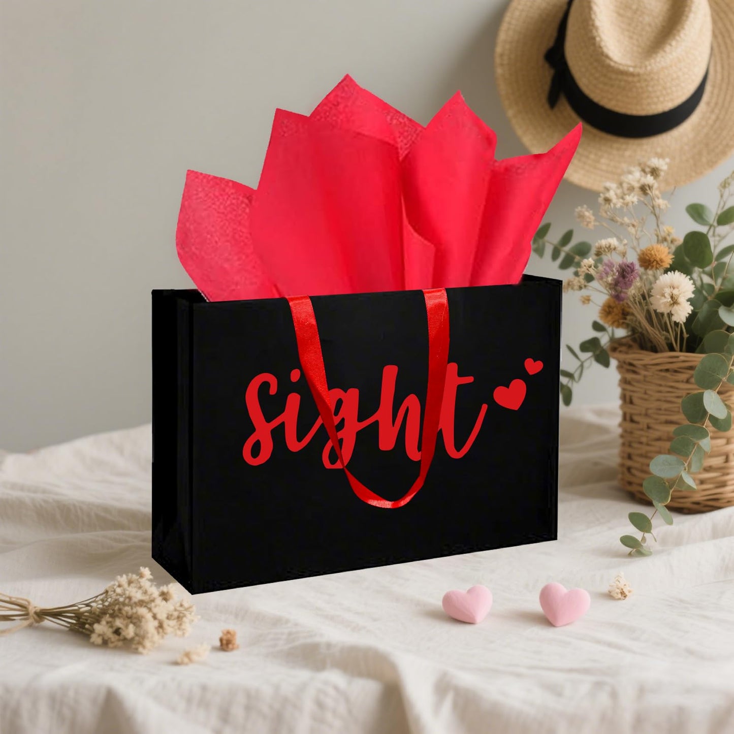 YIXAXKAO 5 Senses Gift Bags Five Senses Gift Bags with Tissue Paper Kraft Paper Bag with Ribbon Handles for Anniversary, Valentine's Day, Birthday for Him Husband Boyfriend (Red black)