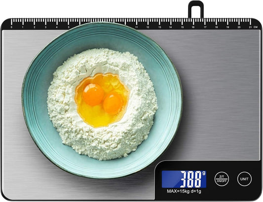 33lb Digital Kitchen Scale Large Weighing Area (9 in), Diyife Professional Electronic Food Scale, Stainless Steel Household Scale, Touch Control, LCD Display, Hangable, 6 Units, Tare, with Batteries