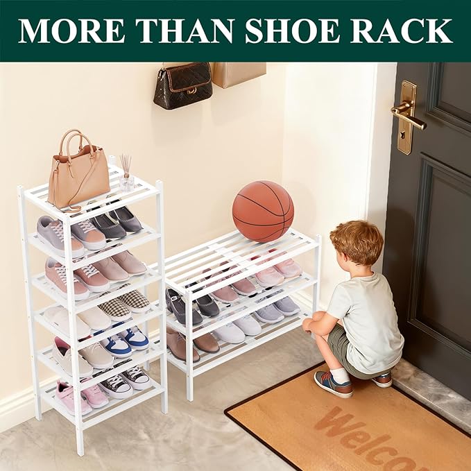 Smiry Small Bamboo Shoe Rack 3-Tier, Stackable Wooden Shoe Organizer for Entryway & Closet, Free Standing Wood Shoe Storage Shelf for Front Door & Small Spaces, White