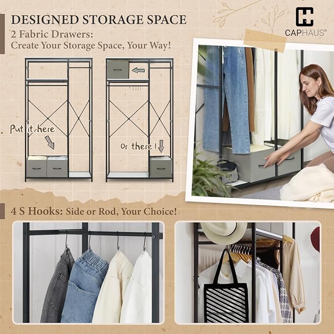 CAPHAUS 550lbs Capacity Garment Rack for Hanging Clothes, Heavy Duty Metal Open Wardrobe w/Hanging Rods & Drawers, Free Standing Closet Organizer, Metal Closet w/Wooden Boards, Black Vintage Board