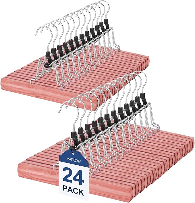 TOPIA HANGER 24 Pack Cedar Pants Hangers, Hair Extension Hangers Non Slip Skirt Hanger Wood Clamp with Velvet Padded 360Â° Swivel Hook for Jeans, Skirts, Trousers, Wigs CT68C