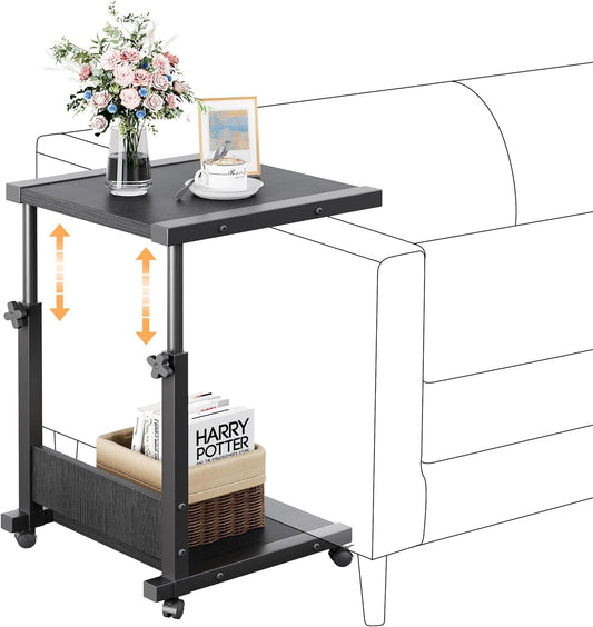 Furist Hospital Bedside Table with Wheels Adjustable Height Sofa Side, Rolling Hospital Table, Mobile Computer Desk Laptop Table for Living Room, Bedroom & Office, Black
