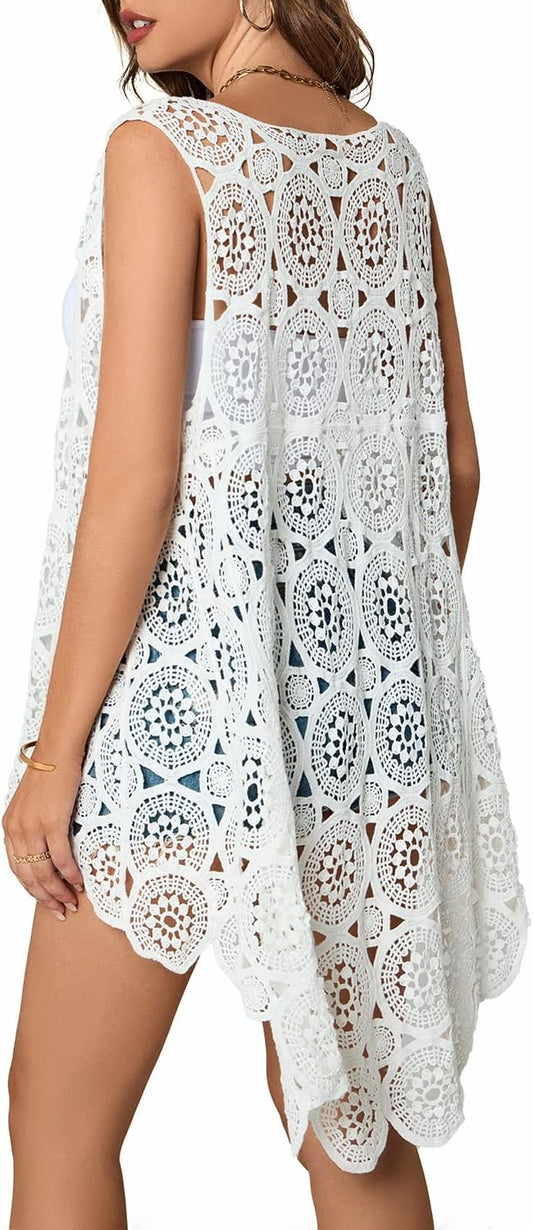 Women's Crochet Lace Vest Boho Sleeveless Kimono Irregular Hem Cardigan