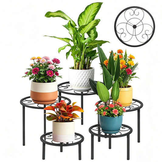 mekpiwu 5-piece set of metal plant potted flower racks, heavy-duty flower pot plant racks of different sizes, iron flower racks, suitable for indoor and outdoor home decoration (Black) (5, Black)